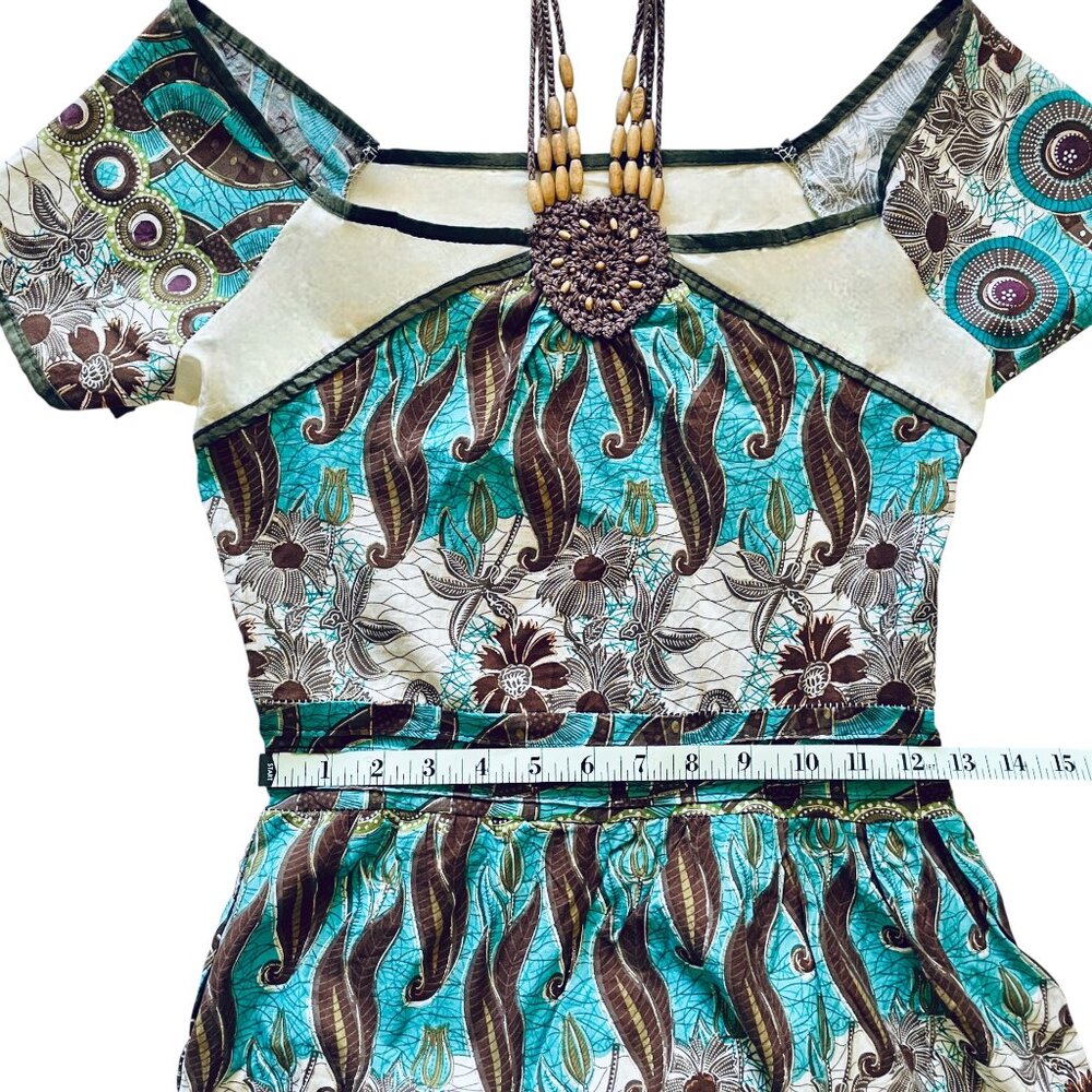 Vintage White, Black, Turquoise + Gold Sparkle Boho Dress Cottagecore Whimsy - Picture 7 of 11